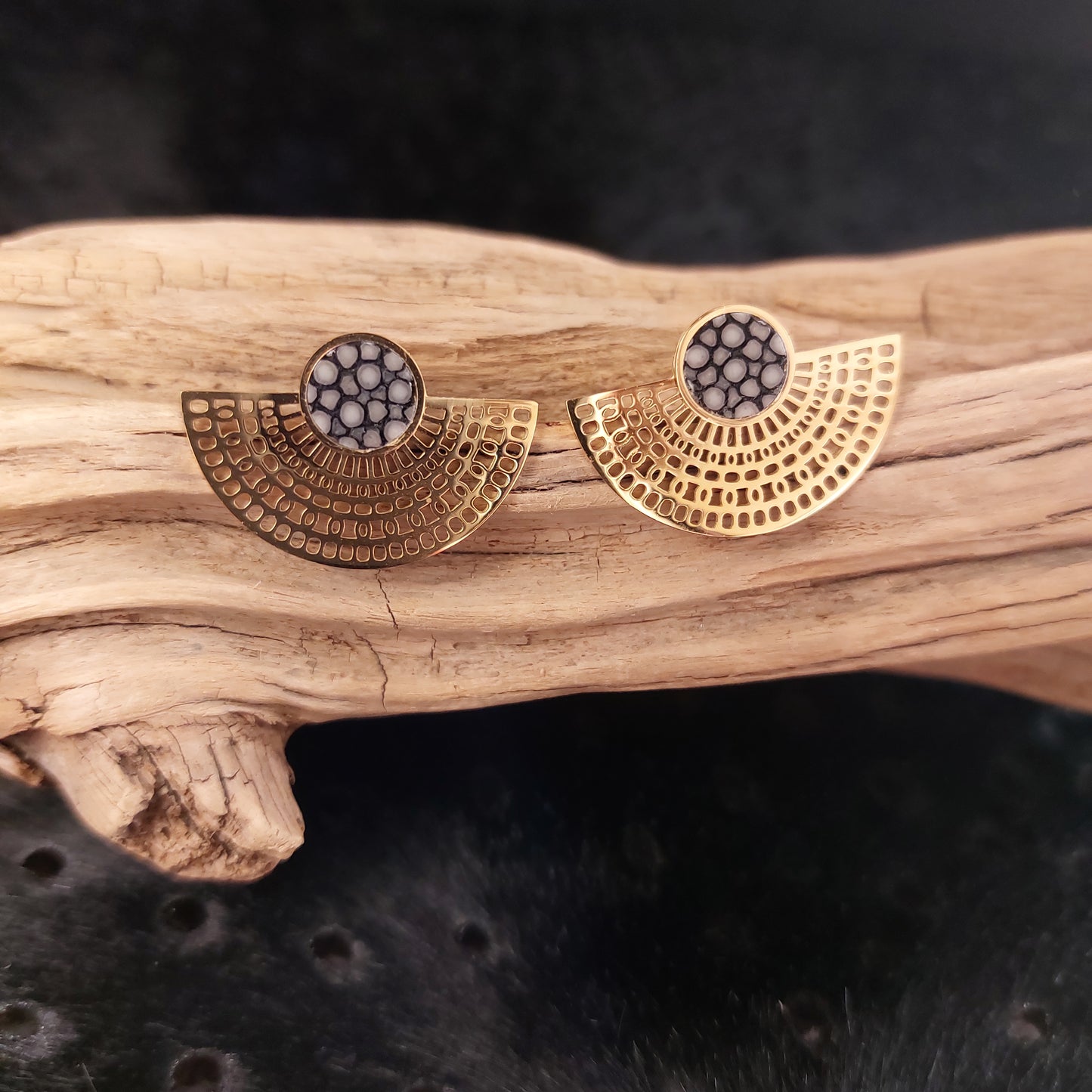 Boucles d'oreilles en Acier Inox Doré et Galuchat