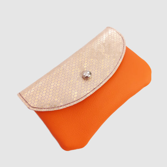 Porte-cartes / Porte-monnaie bicolore en cuir de réemploi orange et cuir imprimé doré (10.5 x 6.5 cm)